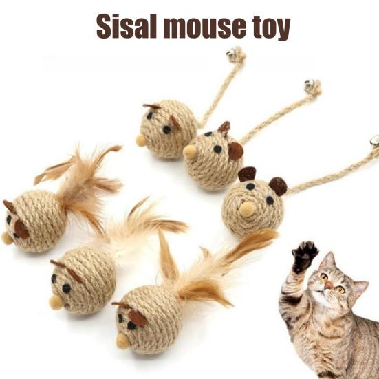 Natural Sisal Toy for Cats Handwoven Sisal Balls Mice Toys with Feather/Bell Interactive Cat Scratcher Chew Toy for Kitten Kicker