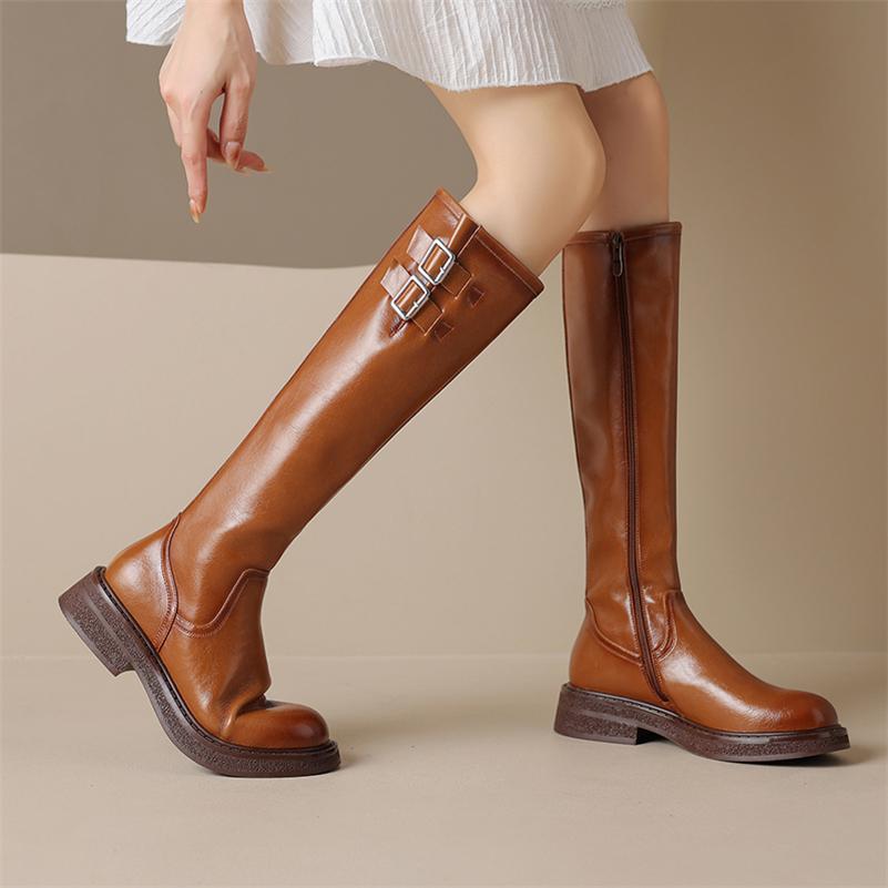 Meotina Женские сапоги до колена из натуральной кожи, сапоги Gogo на толстом среднем каблуке с круглым носком и пряжкой на молнии, женская обувь, зимняя обувь цвета хаки, 40