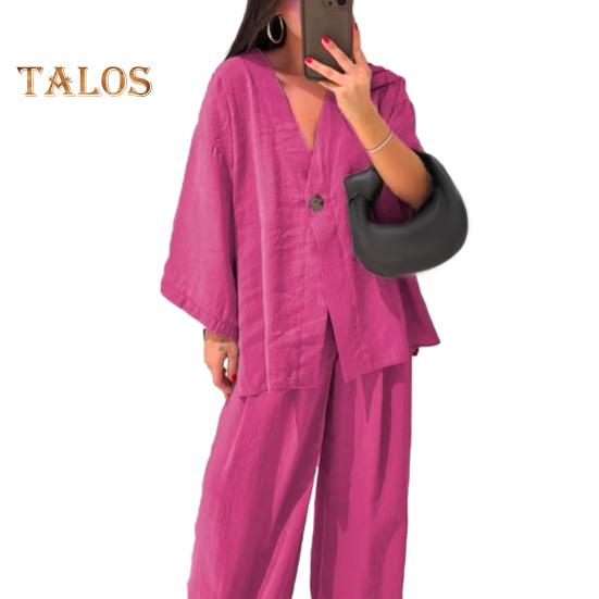 Женский комплект из двух частей из хлопка и льна, топ с длинным рукавом и V-образным вырезом на пуговицах, широкие брюки, повседневная домашняя одежда