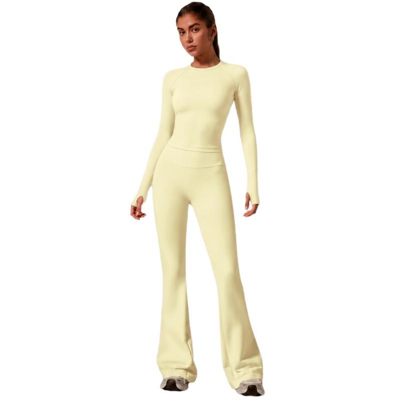 Womens High-Waisted Yoga Set With Butt-Lifting Effect 3-Section Waist Design Long Sleeve Top Flared Leggings 90% Nylon 10%