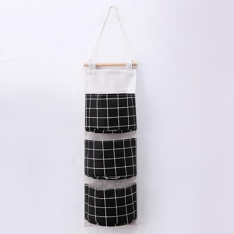 Three Pockets Hanging Wall Storage Bag Household Bedroom Living Room Kitchen Cotton Linen Storage Bag