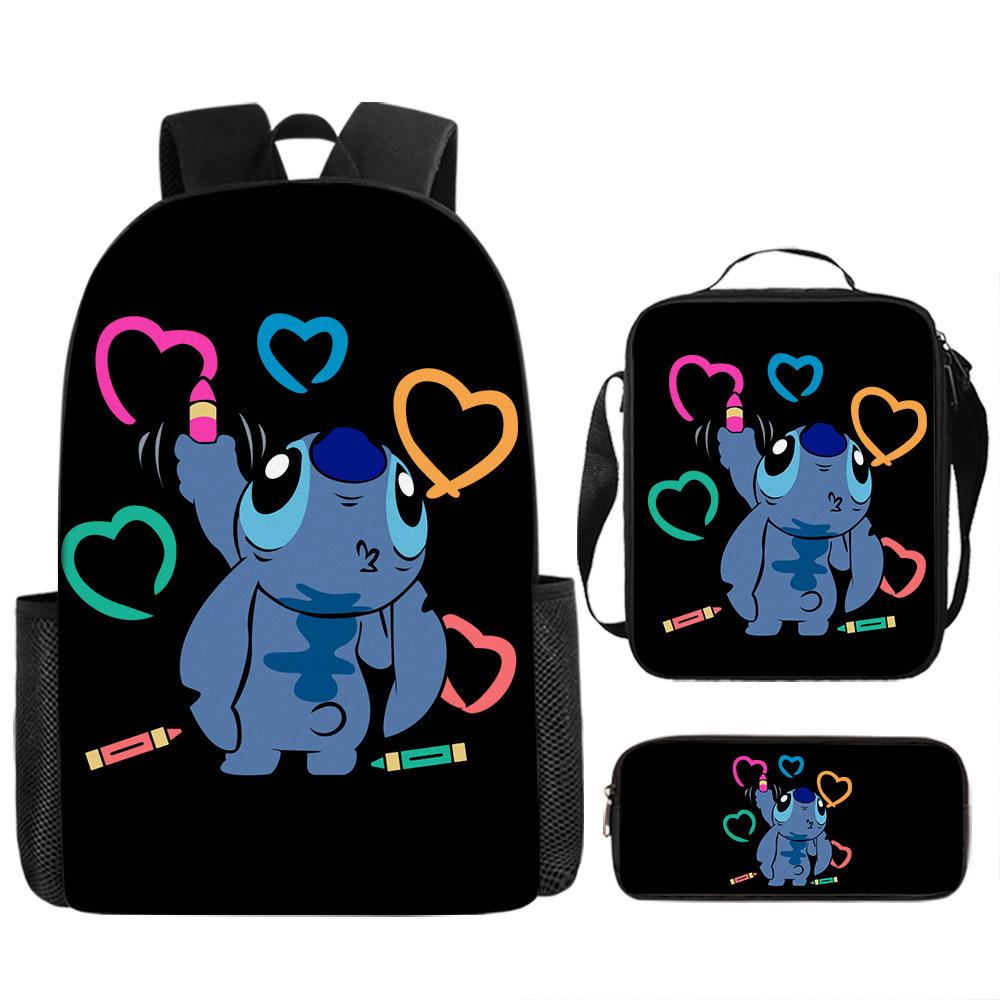 Stitch Backpack Set 3-Piece Lilo & Stitch School Backpack Insulated Lunch Bag Pencil Case Oxford Cloth Large Capacity
