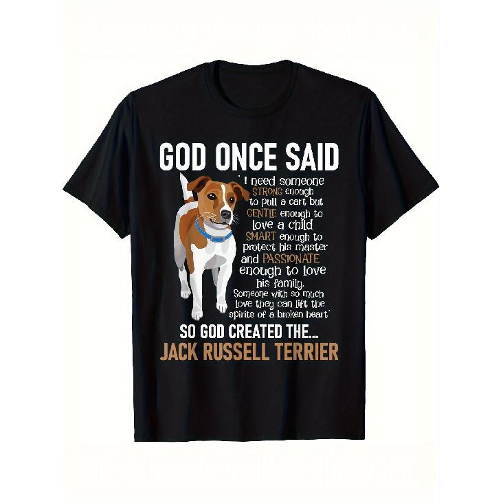 Humorous Jack Russell Terrier T-Shirt for Men - Loose-Fitting Black Tee Featuring Jack Russell Terrier & 'God Created JT' in White Text - A Comical