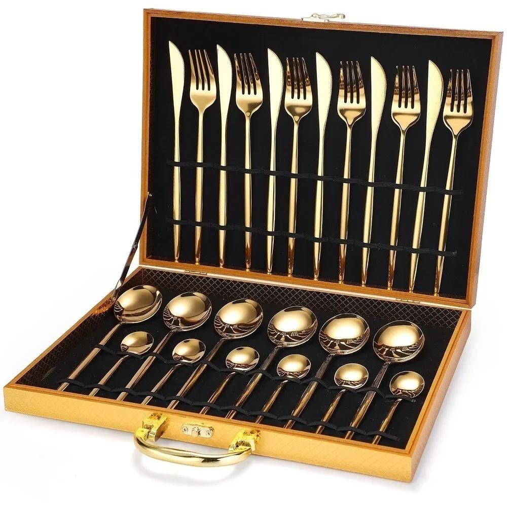 24pcs Dinnerware Set Stainless Steel Tableware Set Luxury Fork Spoon Knife Gold Silver Cutlery Gift Box Kitchen Accessories