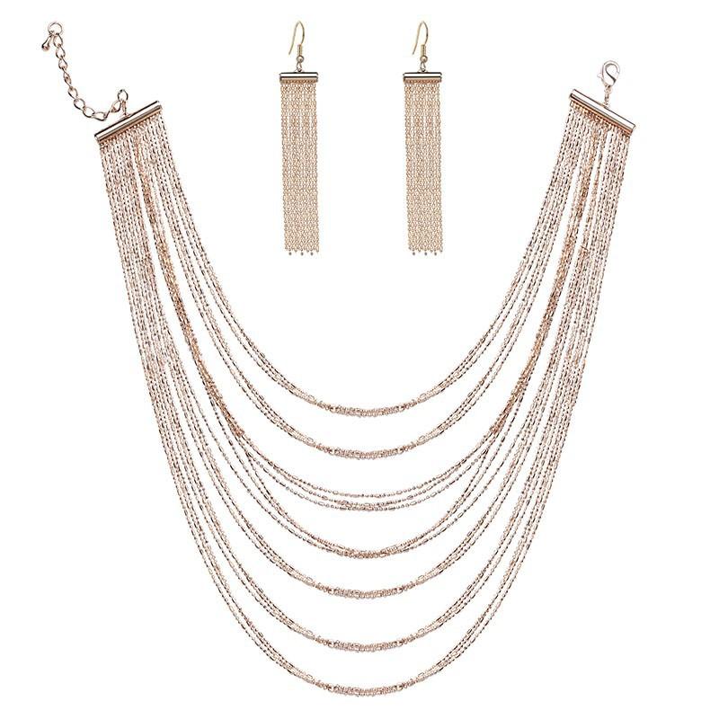 Gold Tassel Necklace Earrings Set Women's Multi-layer Jewelry Dress Fashion Accessories