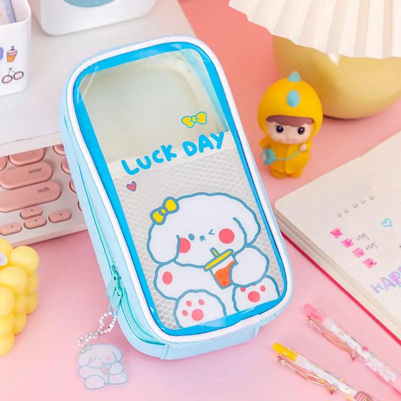 Прозрачный пенал, сумка для хранения карандашей большой емкости для школьников, коробка для канцелярских принадлежностей с медвежонком