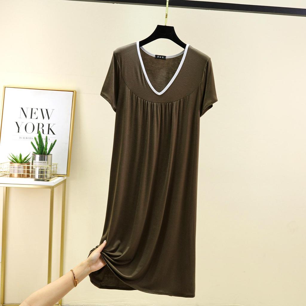 Большие размеры от M до 6XL Модальное платье-ночнушка с V-образным вырезом Летнее женское свободное домашнее платье Однотонное повседневное длинное ночное платье Комфортная домашняя одежда
