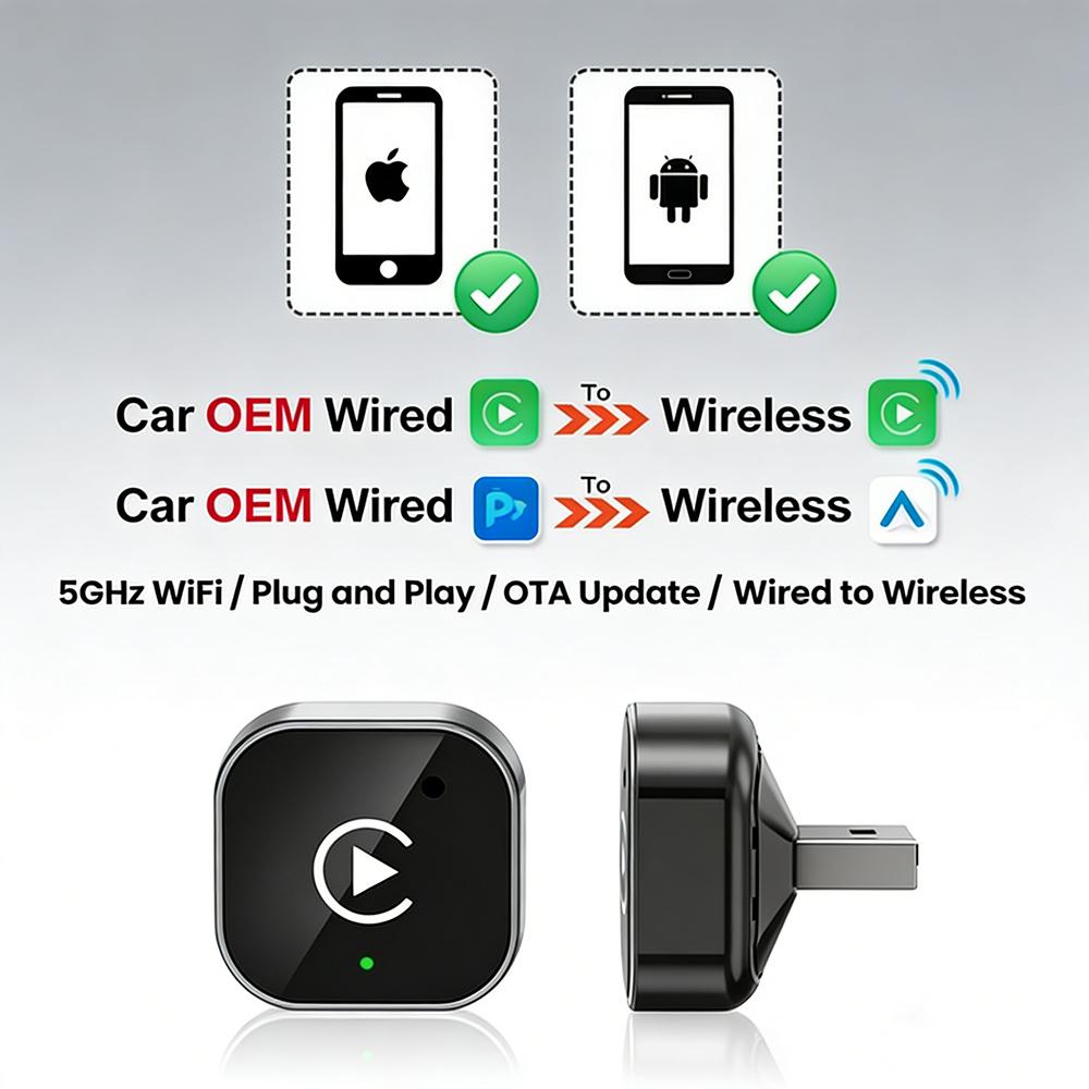 Беспроводной адаптер CarPlay для Apple iPhone и Android, 2-в-1 адаптер, преобразует проводной в беспроводной донгл