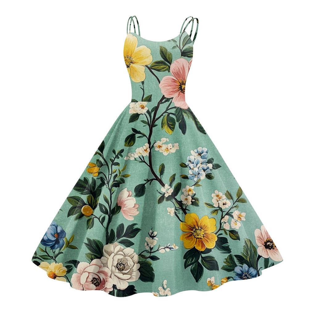 Women's Casual Fashion Flower Print Sexy Off Shoulder Punk Retro Dress Retro Dress Dress