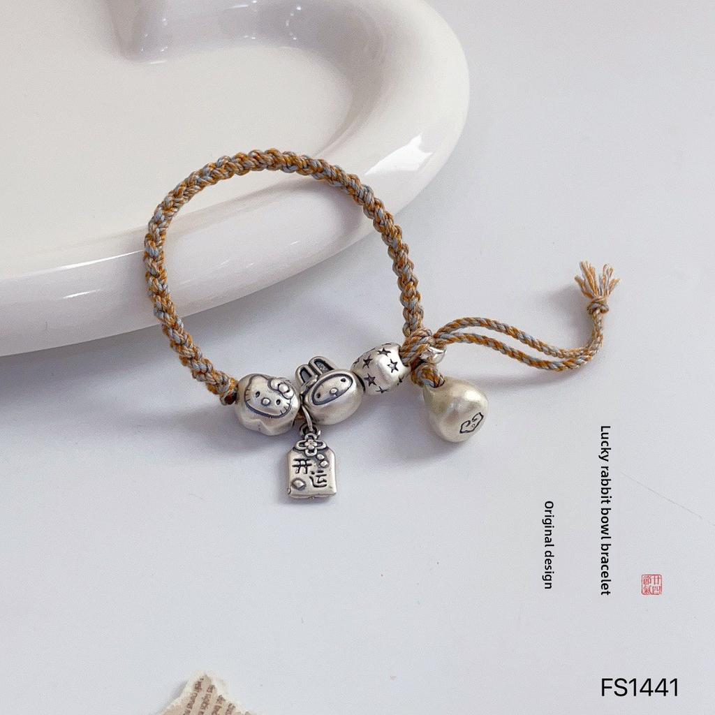 Pure Silver 999 Lucky Rabbit Heart Weight Cotton Thread Bracelet, Light Luxury Niche Versatile