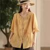 Johnature Women Chinese Style Embroidery Floral Shirts O-Neck Half Sleeve Tops Summer Loose Solid Color Shirts