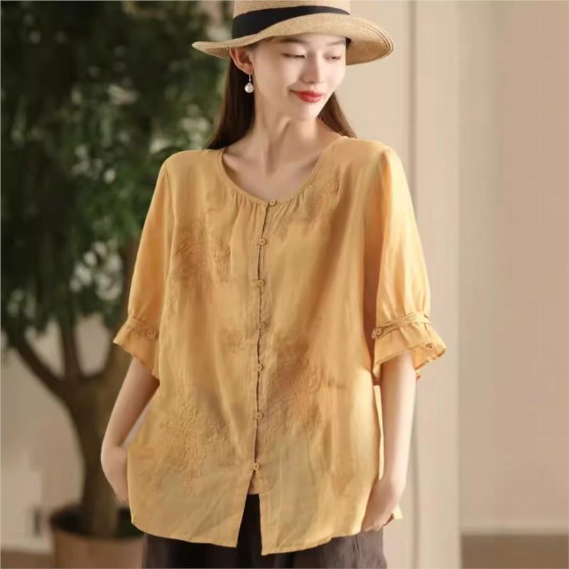 Johnature Women Chinese Style Embroidery Floral Shirts O-Neck Half Sleeve Tops Summer Loose Solid Color Shirts