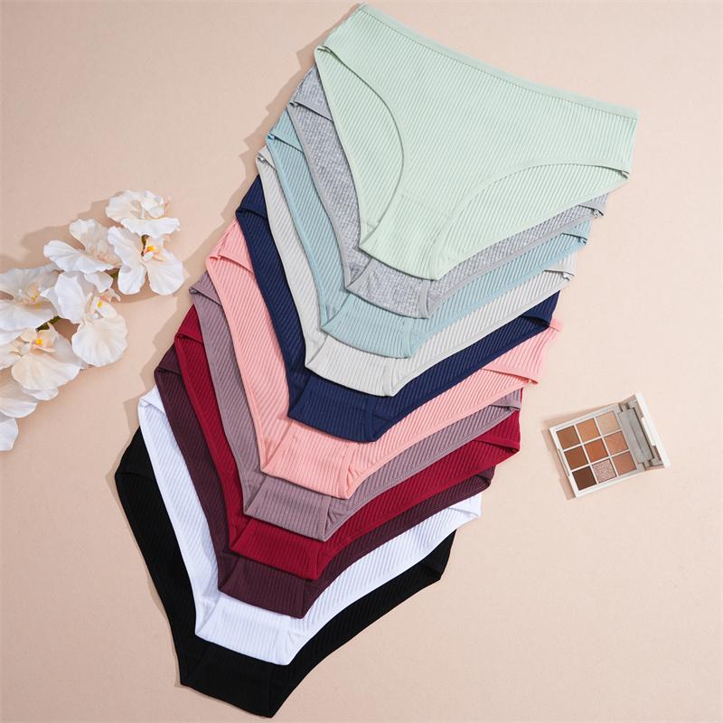4Pcs Women's Cotton Ribbed Briefs Solid Breathable Elastic Underwear Sexy Simple Comfortable Panties Girls Soft Basics Lingerie