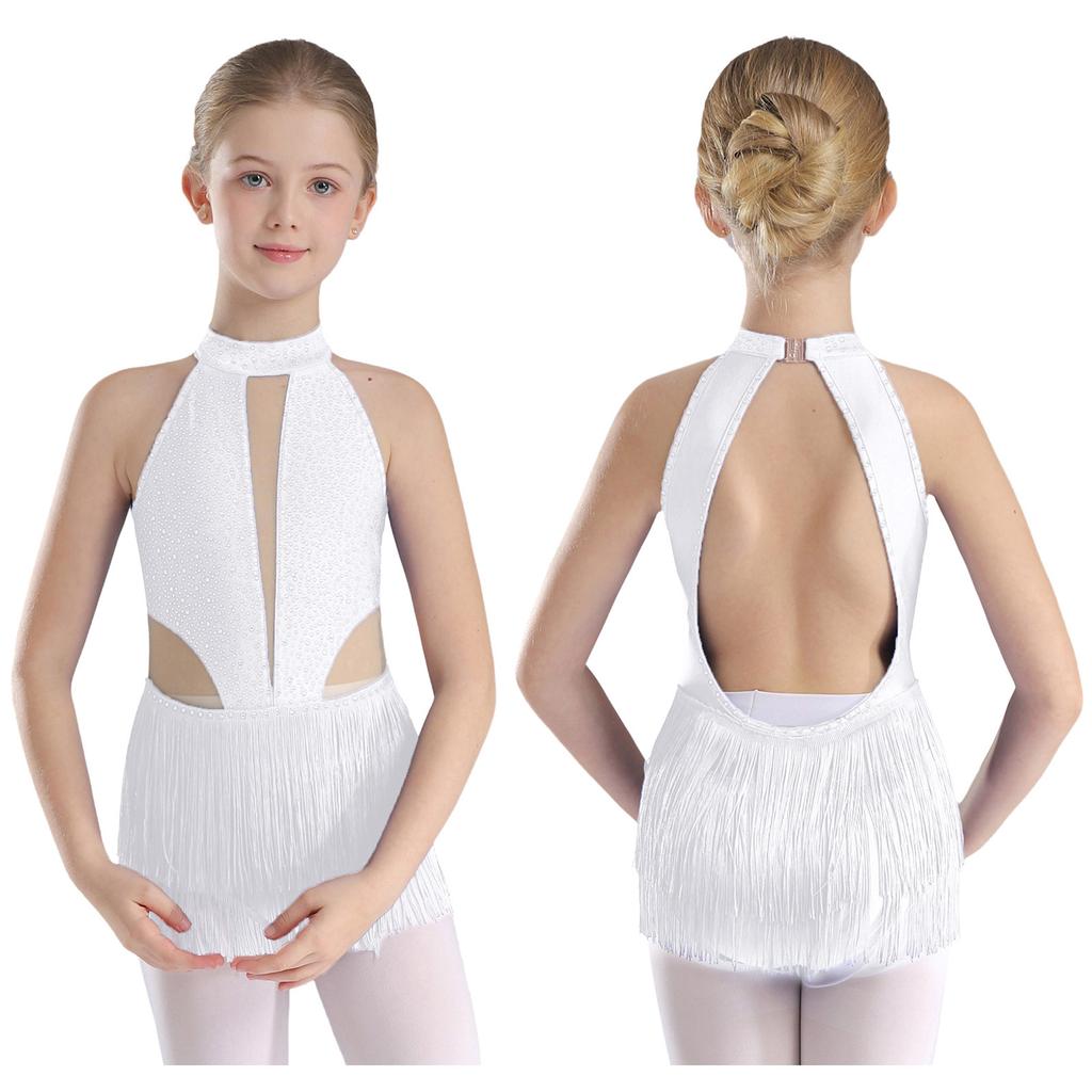 Girls Sparkly Rhinestone Fringe Bodysuit Sleeveless Backless Latin Dance Costume for Competition Stage Performance