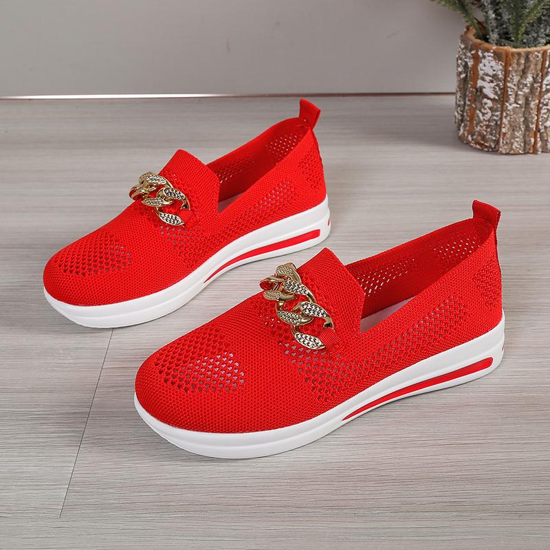 Весна Лето Новая Мода Женские Повседневные Вулканизированные Спортивные Вязаные Кроссовки На Плоской Мягкой Подошве С Перфорацией Цепочка Обувь Большой Размер 43