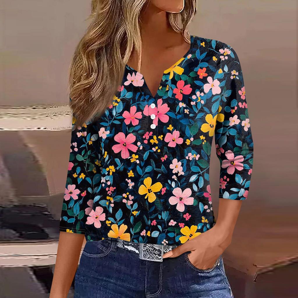 Женский свободный повседневный топ с цветочным принтом и V-образным вырезом с рукавами семь четвертей Топ с V-образным вырезом и рукавами семь четвертей
