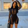Summer New Women's Fashion Round Neck Long Sleeve Sexy Mesh See-through Slim Jumpsuit