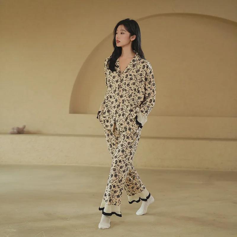 Пижама женская из чистого хлопка: Кардиган с длинными рукавами и кружевом, весна/осень, большие размеры, стиль 2025 года, подходит для ношения в помещении и на улице