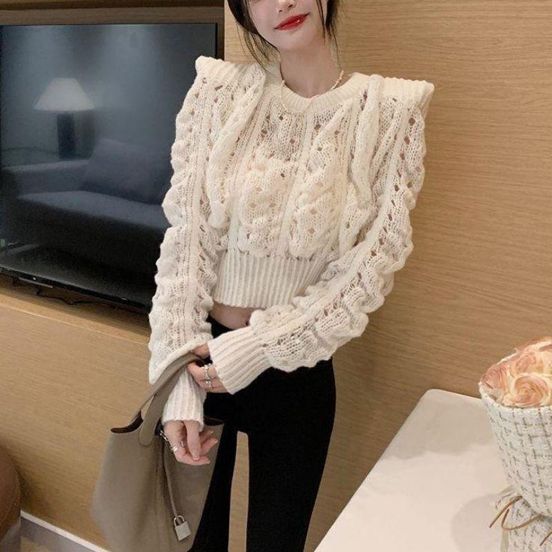 French Autumn Sweater Women's Solid Color Round Neck Hollow Knit Sweater Bubble Sleeve Knit Sweater Top Casual Knit Sweater