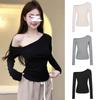 Black Diagonal Neck Off-the-shoulder Long-sleeved T-shirt for Women's Early Autumn New Hot Girl Pinching Waist, Slim and Thin, Niche Chic Top Trendy