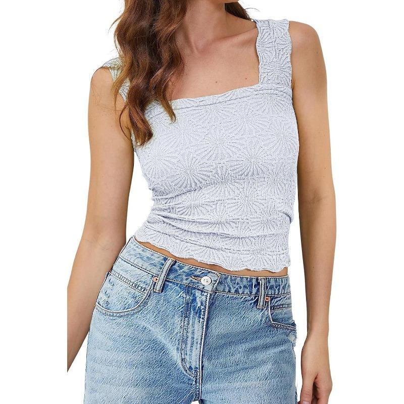 Summer Women's High Stretch Skinny Jacquard Square Neck Sleeveless Vest Women's Tops