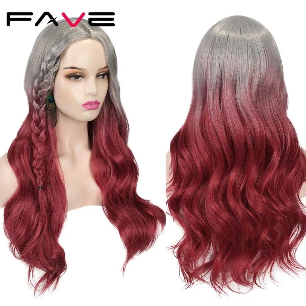Long Wavy Wigs Ombre Gray To Watermelon Red Black Grey Purple Blue Brown Synthetic Hair For Black White Women Cosplay Party