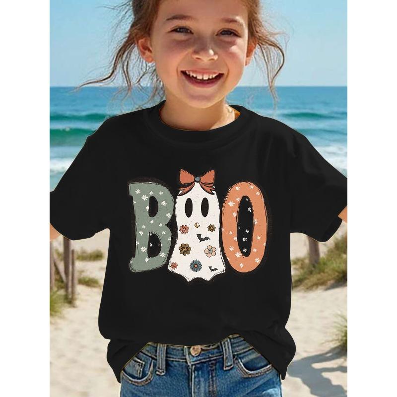 Девичья футболка с круглым вырезом и короткими рукавами с принтом 'Boo' Хэллоуинский Призрак Буквы и Мультяшный Принт