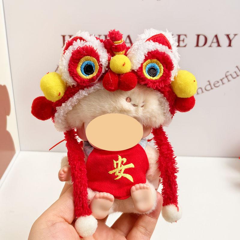 [Cloth  Only] Doll New Year Set Clothes for Plush Dolls,New Year's Lucky Belly Band + Hair Clip+Lion Dance Headgear.