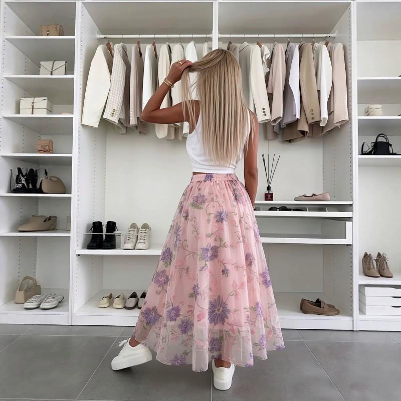 Womens Mesh Midi Skirt Floral Print Elastic Waist Loose Fit Daily Wear Travel
