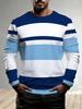 Men Autumn Winter Long Sleeve T Shirt Blue White Color Block Stripe Print Round Neck Casual Daily Wear Men's Clothing