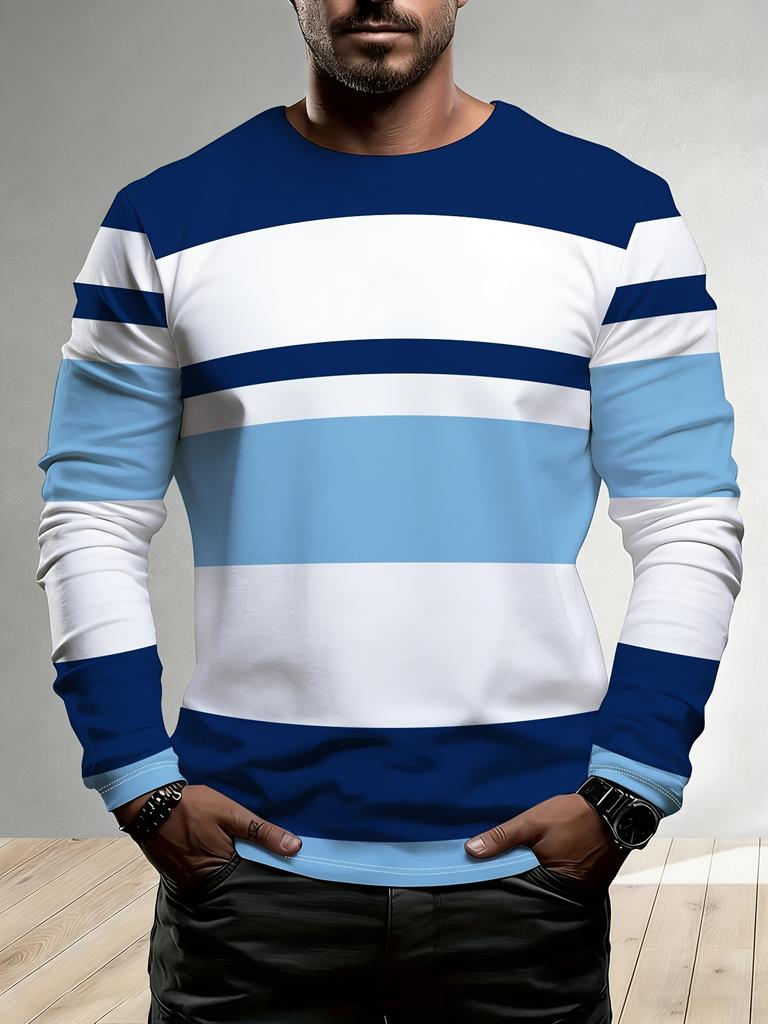 Men Autumn Winter Long Sleeve T Shirt Blue White Color Block Stripe Print Round Neck Casual Daily Wear Men's Clothing