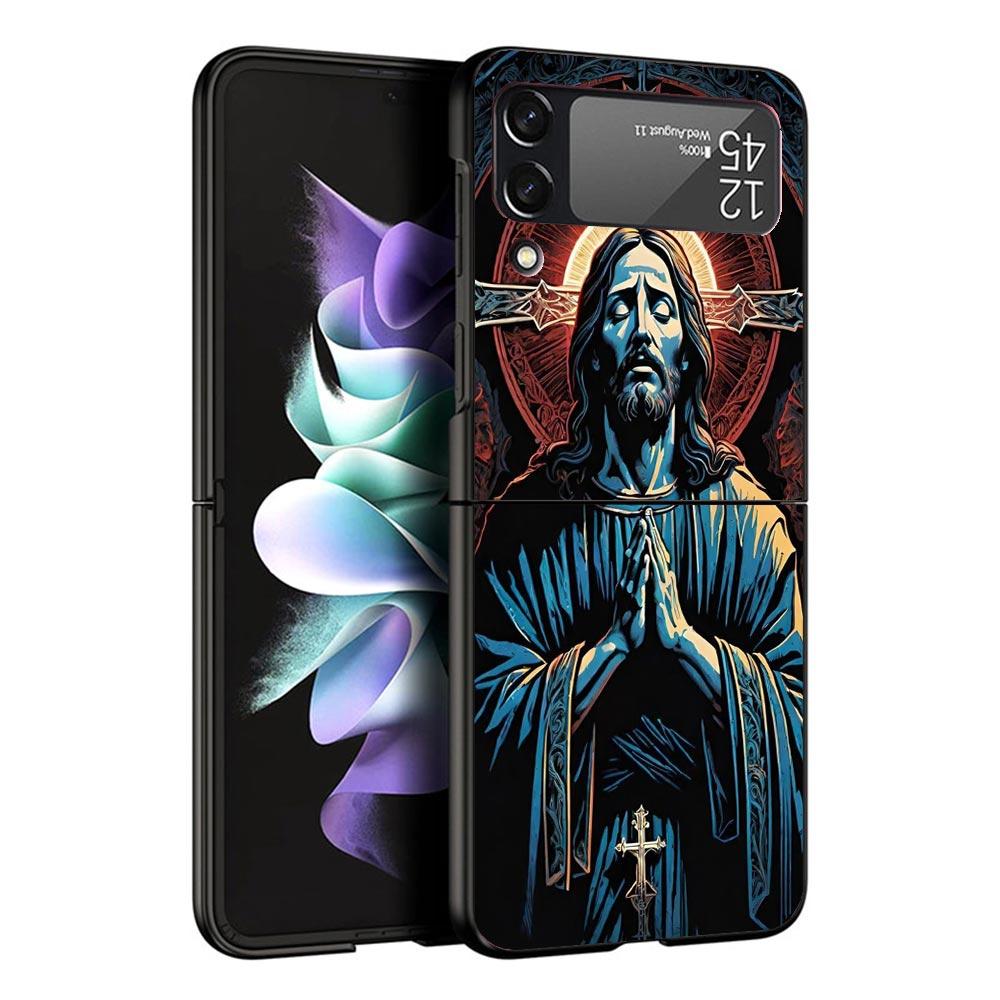 Christian Cross Design Black Phone Case For Samsung ZFlip7 ZFlip6 ZFlip5 ZFlip4 ZFlip3 5G Hard Protective Galaxy Z Flip 3 4 5 6