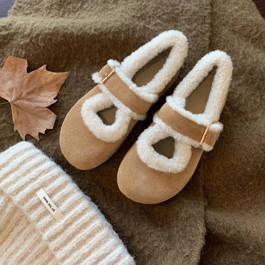 Коровья кожа~ виноградный ма тот же круглый носок с маленьким низким каблуком легкий рот хлопковые туфли пушистые и бархатные туфли Мэри Джейн женские зимние