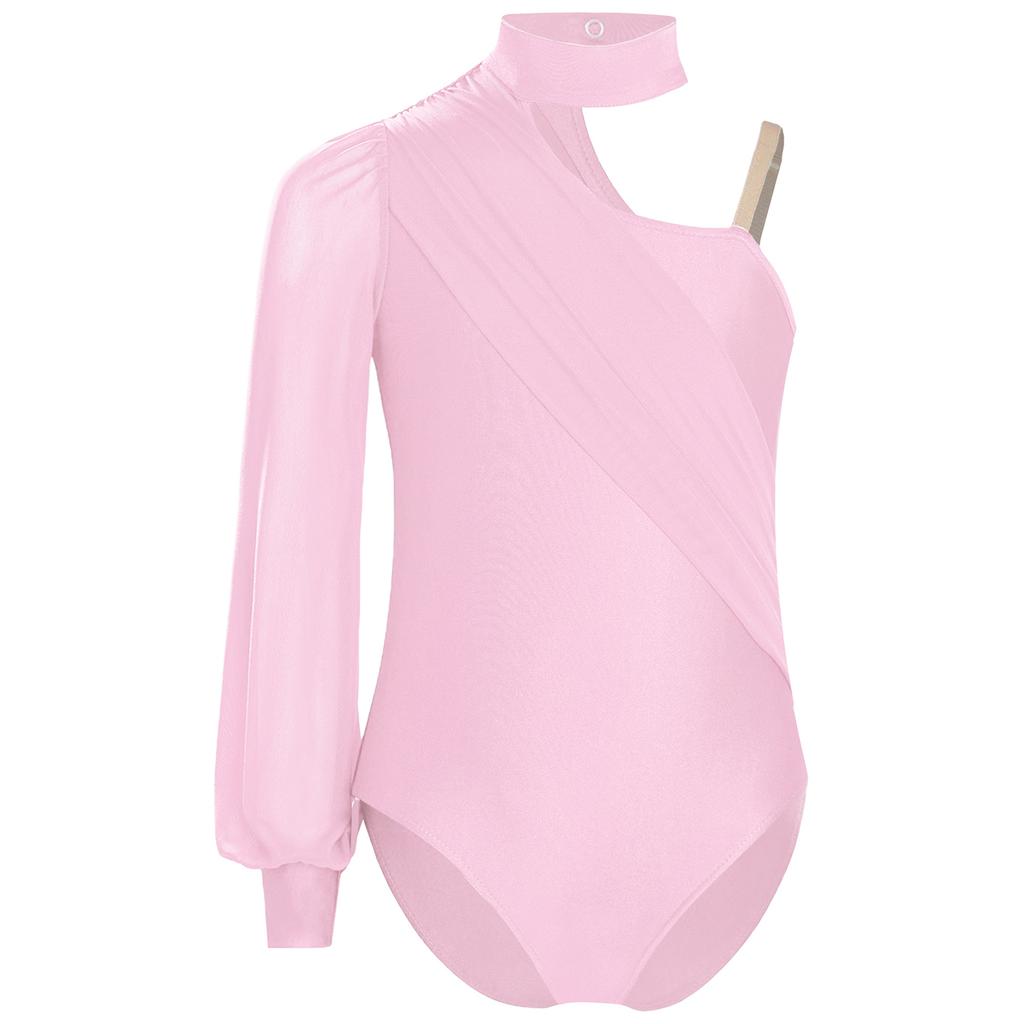 Girls One Shoulder Dance Leotard Stage Performance Costume Mock Neck Long Sleeve Ruched Mesh Overlay Bodysuit for Kids Gymnastics