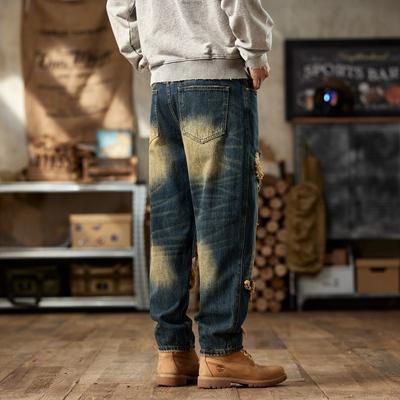 Американский Ретро Модный Бренд Весна и Осень Новые Свободные Личность Рваные Латки Джинсы Харлан