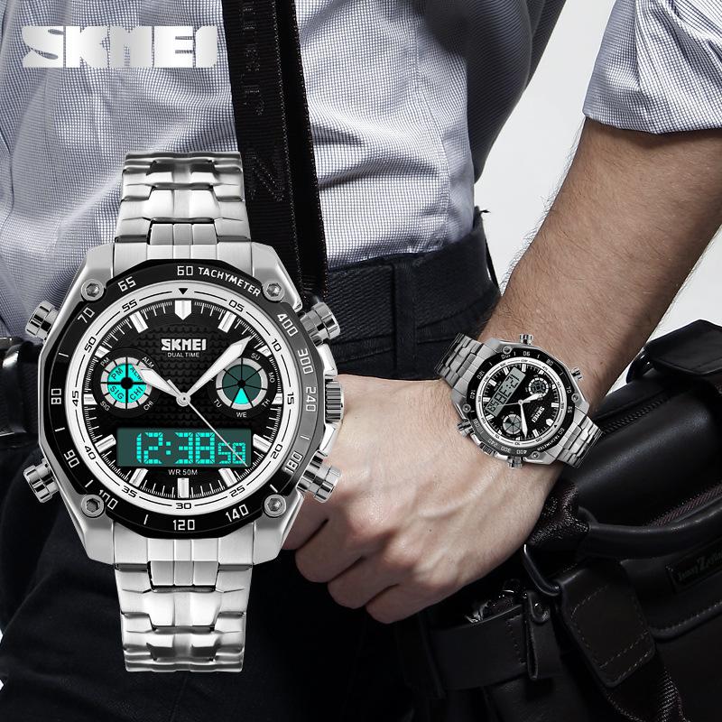 Новые крутые мужские часы со стальным ремешком, электронные часы с двойным дисплеем для занятий спортом на открытом воздухе