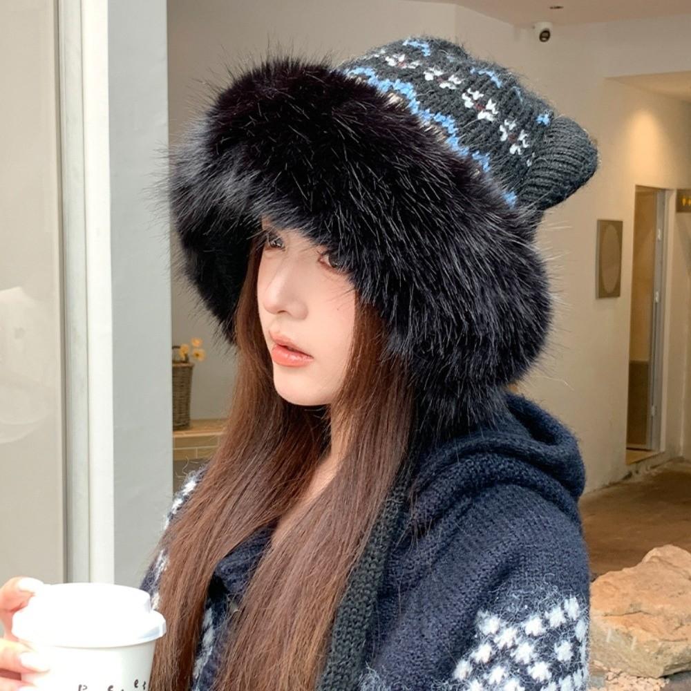 Polyester Cat Ears Hat Fair Isle Pattern Faux Fur Hat Retro Winter Warm Hat Cold Weather