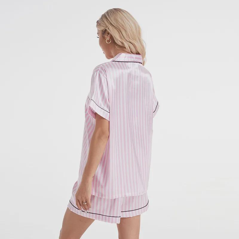 Женский пижамный комплект из розового шелка в полоску — кардиган с короткими рукавами и эластичные шорты