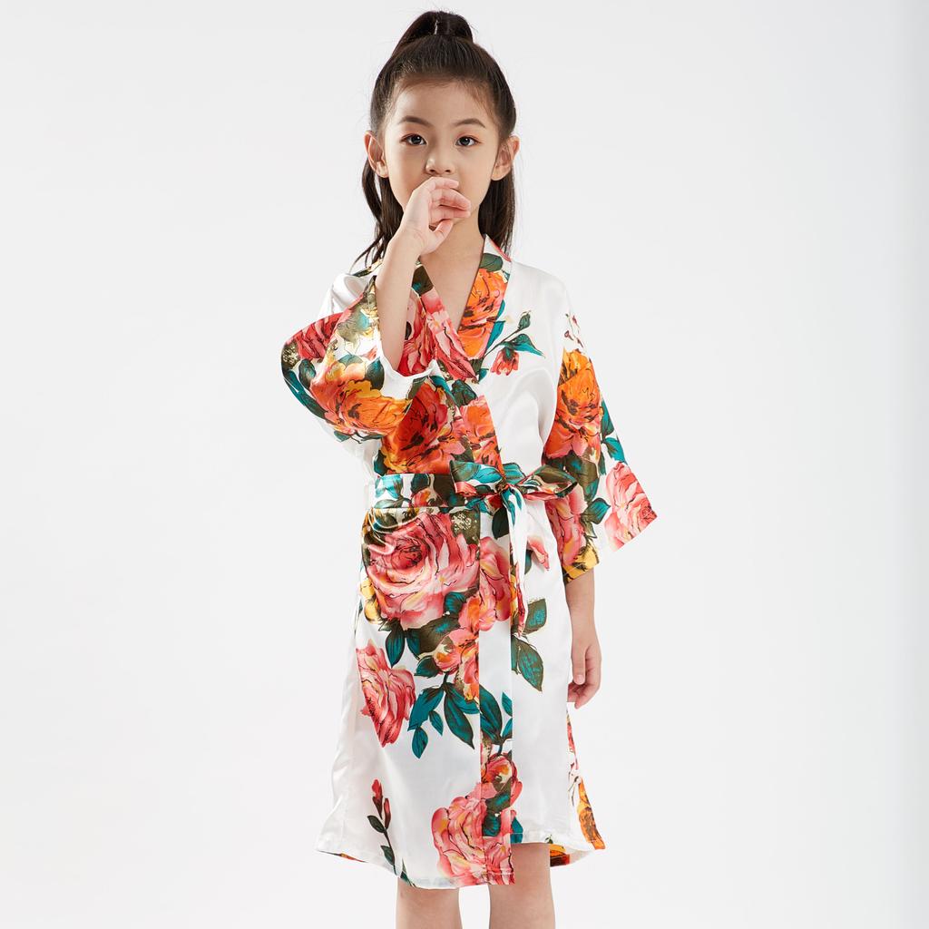 Children's Bathrobe Comfortable and Elegant Temperament Simulation Silk Sleeping Robe Sateen Children's Hand-painted Peony Baby Walking Robe
