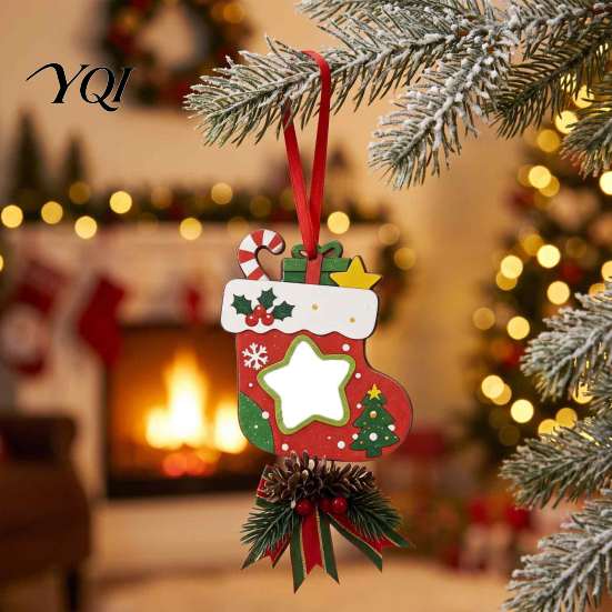 Custom Keepsake Gifts Wooden Christmas Tree Ornaments, 2D Stocking House Shaped Photo Frame Hanging Xmas Party Supplies Decor, Ornament for