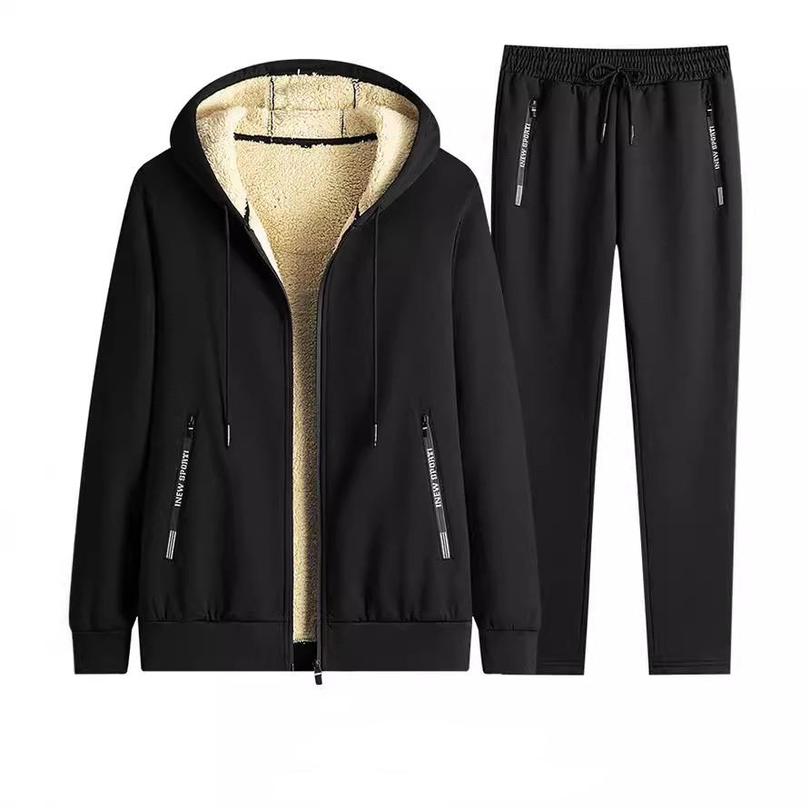 Осенне-зимняя мужская утепленная толстовка с капюшоном на флисовой подкладке, повседневные брюки, свободный костюм из овечьей шерсти и бархата