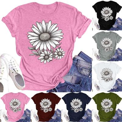 Женская повседневная футболка с круглым вырезом и цветочным принтом, короткий рукав
