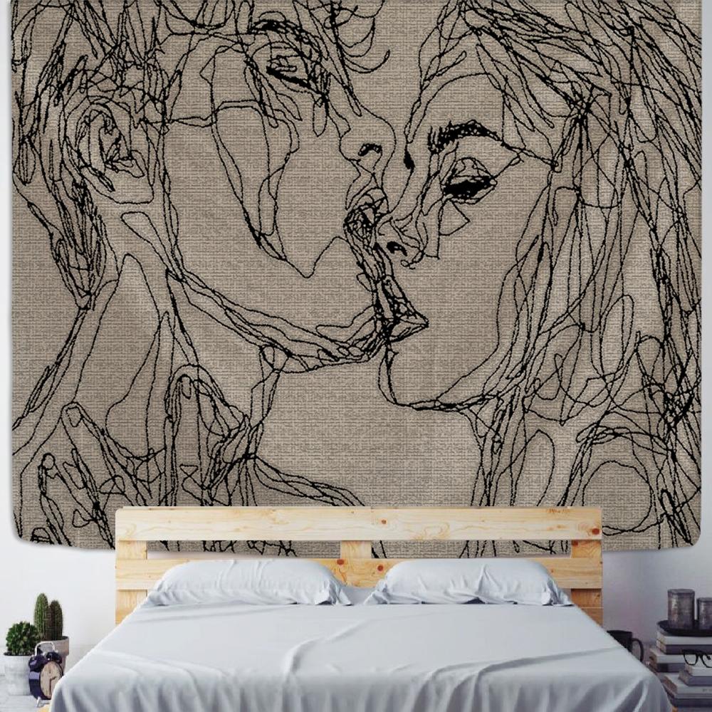 Креативная линия живописи, гобелен, настенный богемный хиппи для мужчин и женщин, поцелуй, психоделический абстрактный ковер, ретро-декор