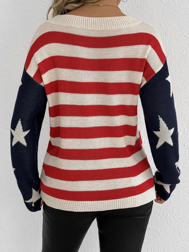 Women's Long Sleeve American Flag Sweater - Spring and Autumn Knitwear