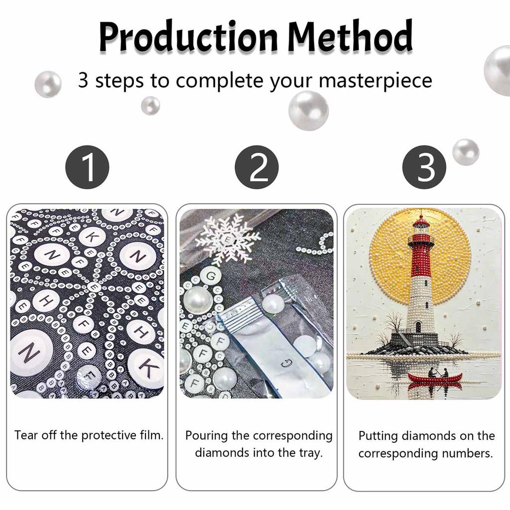Pearl Painting Set Pearl Art DIY Handmade Crafts Lighthouse Sunset Boat Lake Seascape Reflection Red Tower Home Wall Decoration