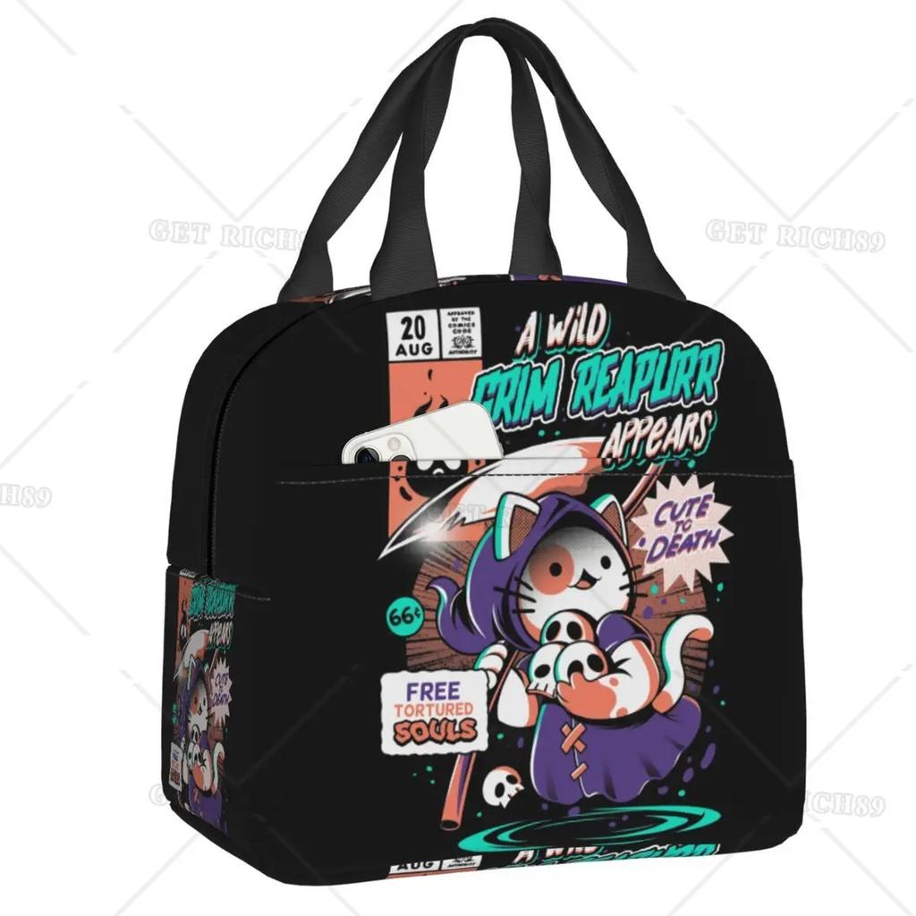Satanic Cat Insulated Lunch Bag Waterproof Thermal Cooler Lunch Box with Side Pocket for Women Men Kids Camping Travel