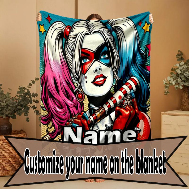 Custom Name Personalized Harley Quinn Joker Print Blanket, Home Decor, Bedroom, Sofa, Camping, Couch, Gifts for Birthday Christmas