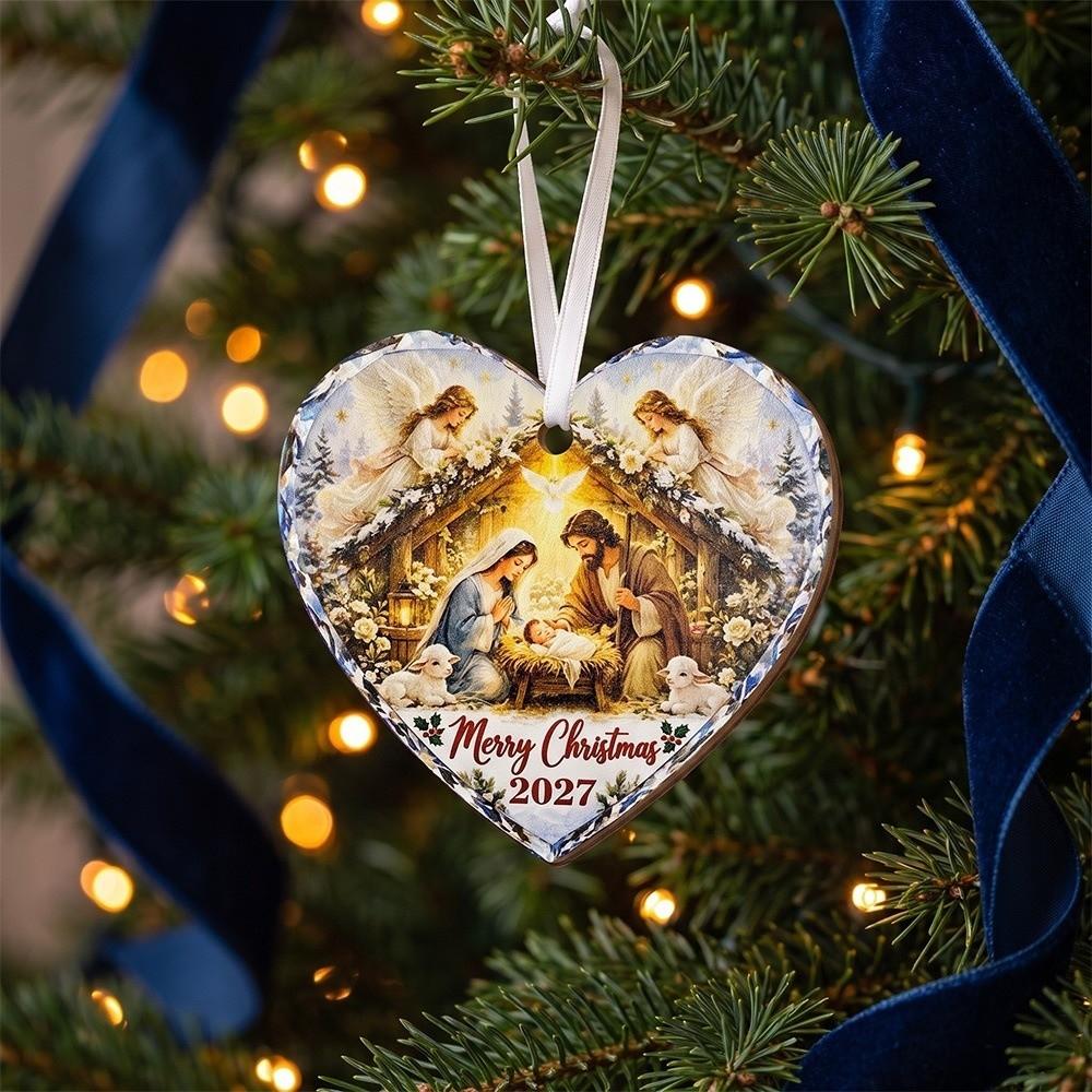 Heart Shape Nativity Scene Hanging Decorations 2D Flat Christmas Tree Pendant Car Decor