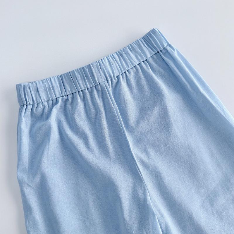 Комплект из хлопка, однотонный, с V-образным вырезом, короткими рукавами, топом и широкими брюками, повседневный женский комплект из 2 предметов, простой повседневный комплект из длинных брюк, весна-лето 2025 г.