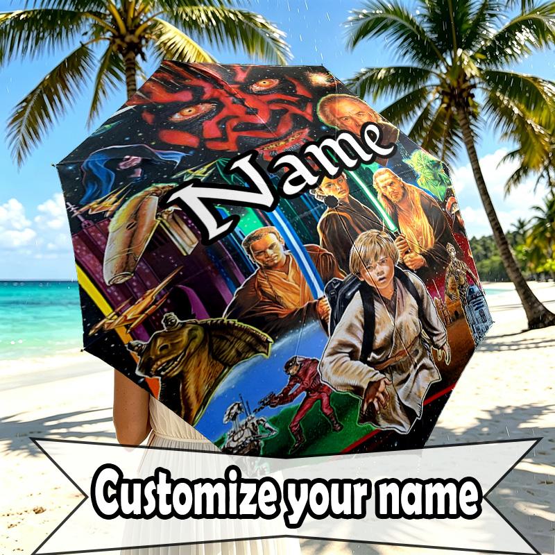 Custom Name Personalized Star Wars Print Umbrella, Auto Open Close, 8‑Rib Sturdy Frame, Commute Camping Hiking Use, Birthday Gift